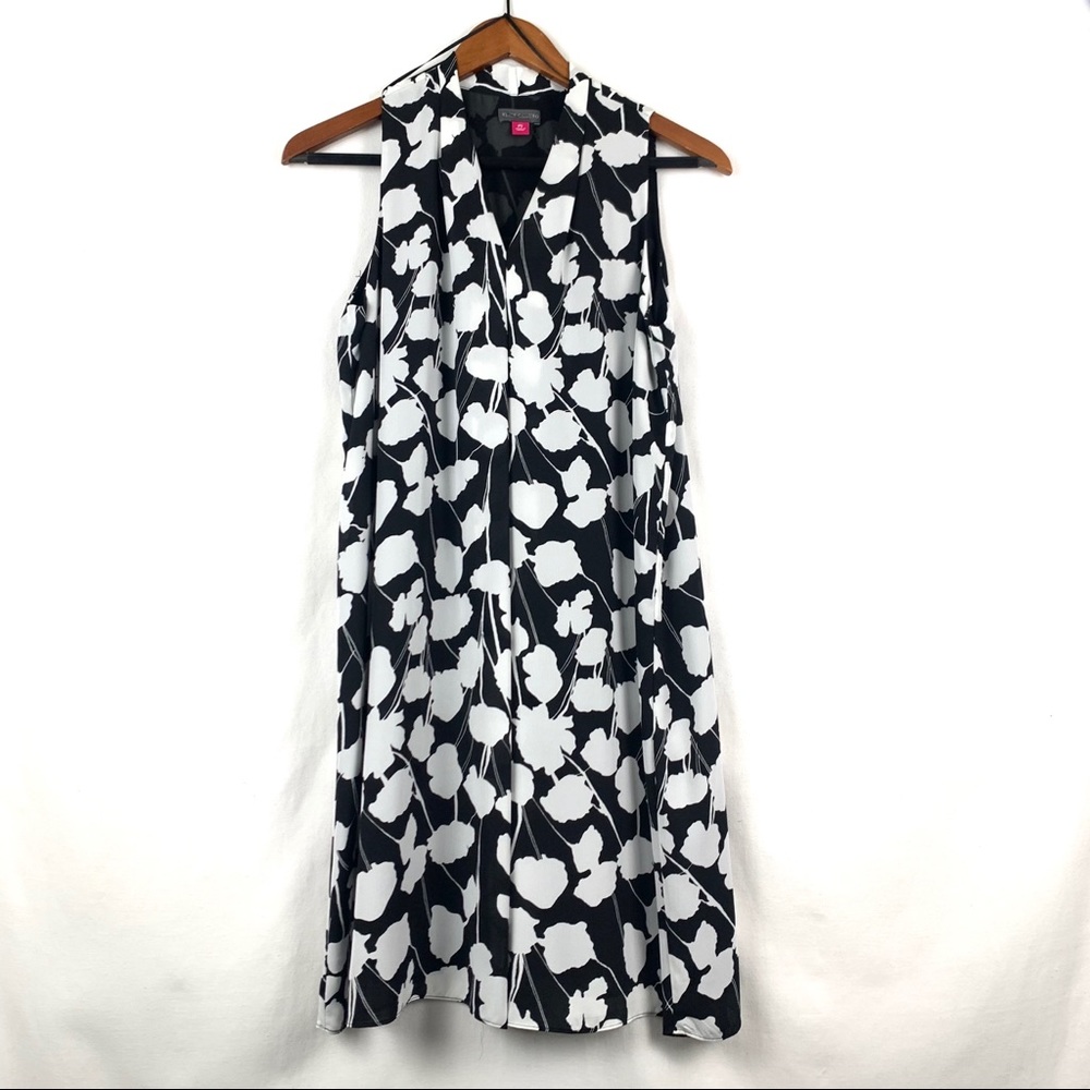 Vince Camuto Black and White Floral Sleeveless A-Line Dress
